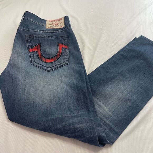 True Religion Men's Plaid Insert Big T Straight Stretch Denim Jeans Size 38 X 34 - Picture 1 of 11
